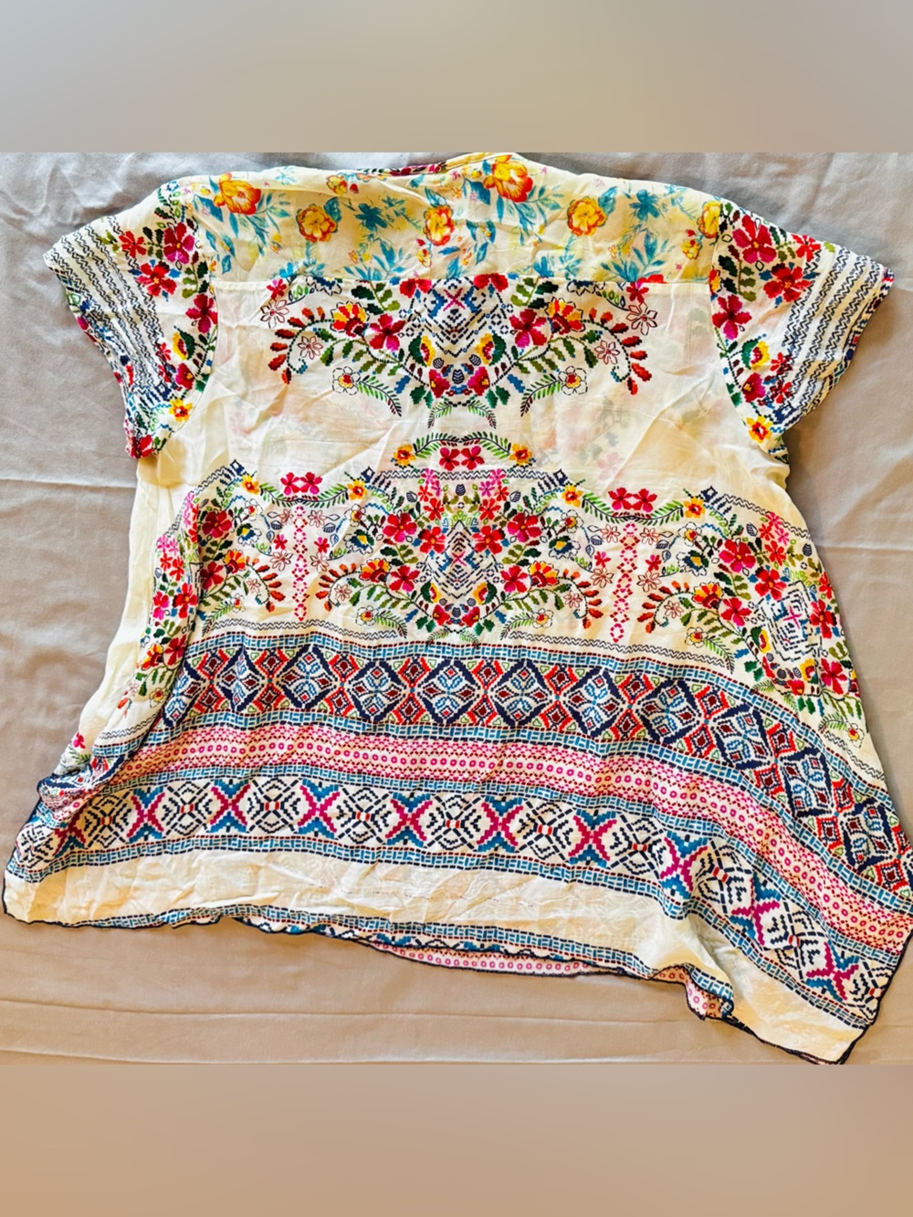 JOHNNY WAS Semi-Sheer Cream Colorful Floral Handkerchief Hem Tunic Top - Picture 13 of 16